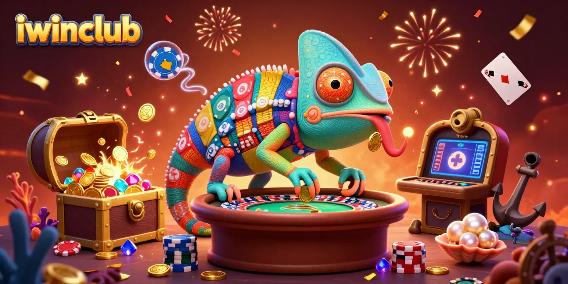 Engage with iwinclub’s vibrant casino world, featuring a chameleon owner amidst gold coins and gaming elements.