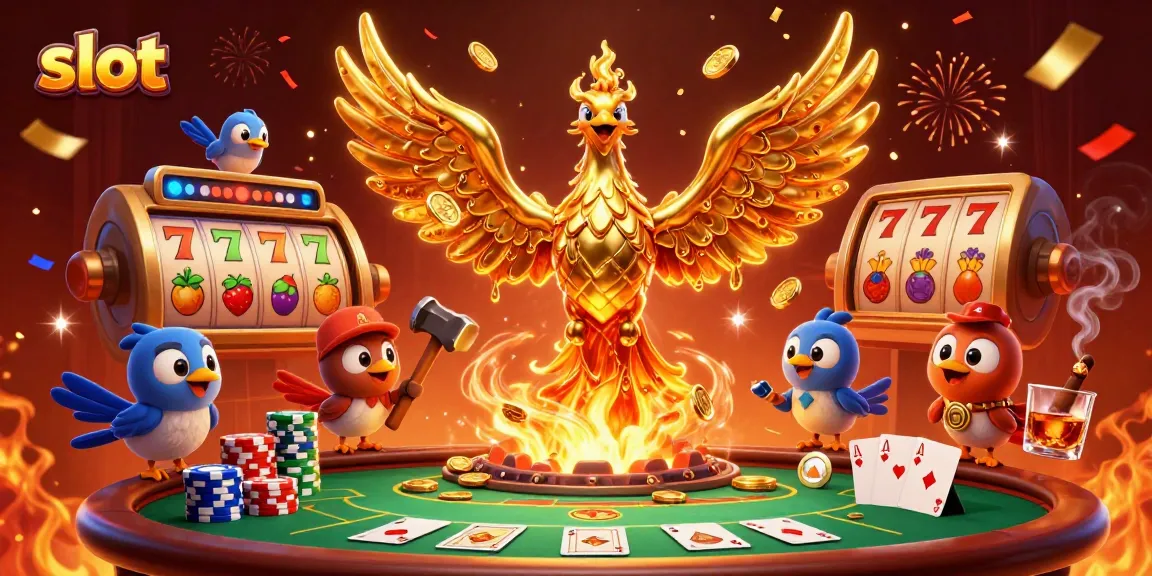 Spin the slot reels as the golden phoenix emerges, showering coins in this vibrant casino illustration.