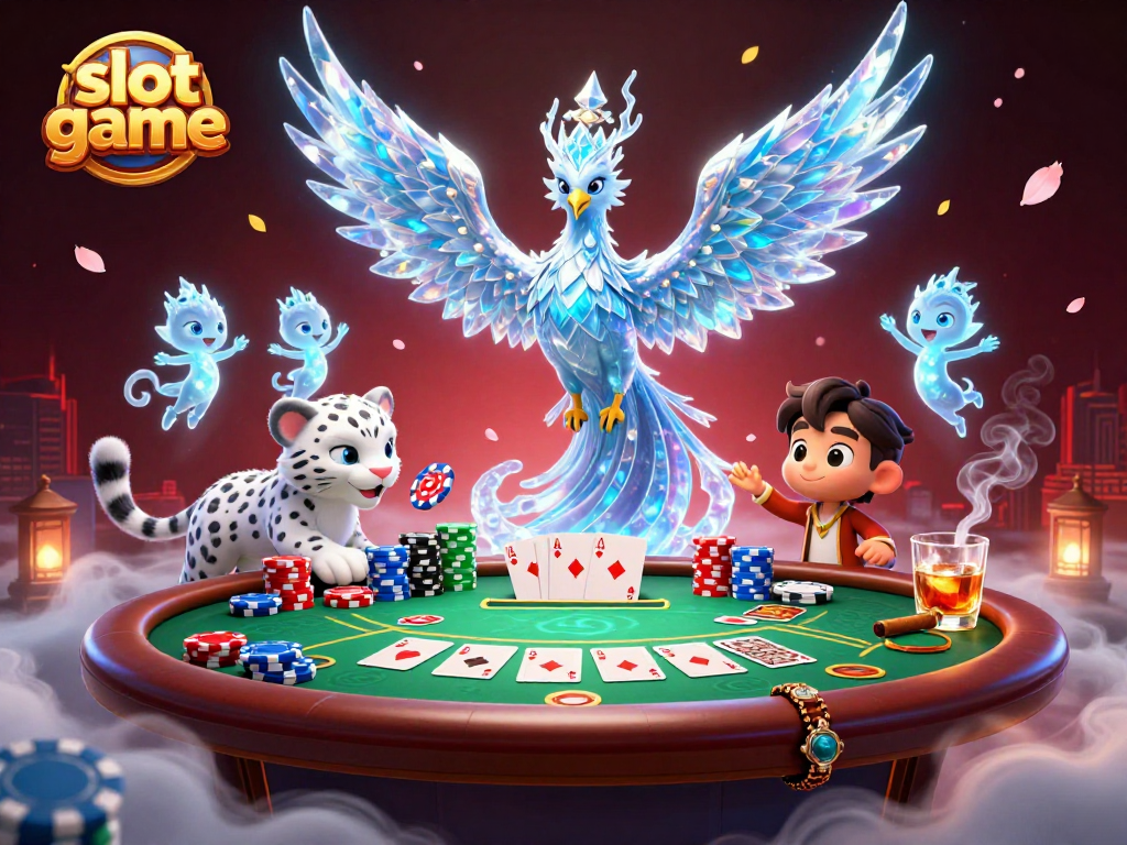 Engage with this vibrant slot game scene featuring a mystical ice phoenix, poker elements, and enchanting characters.