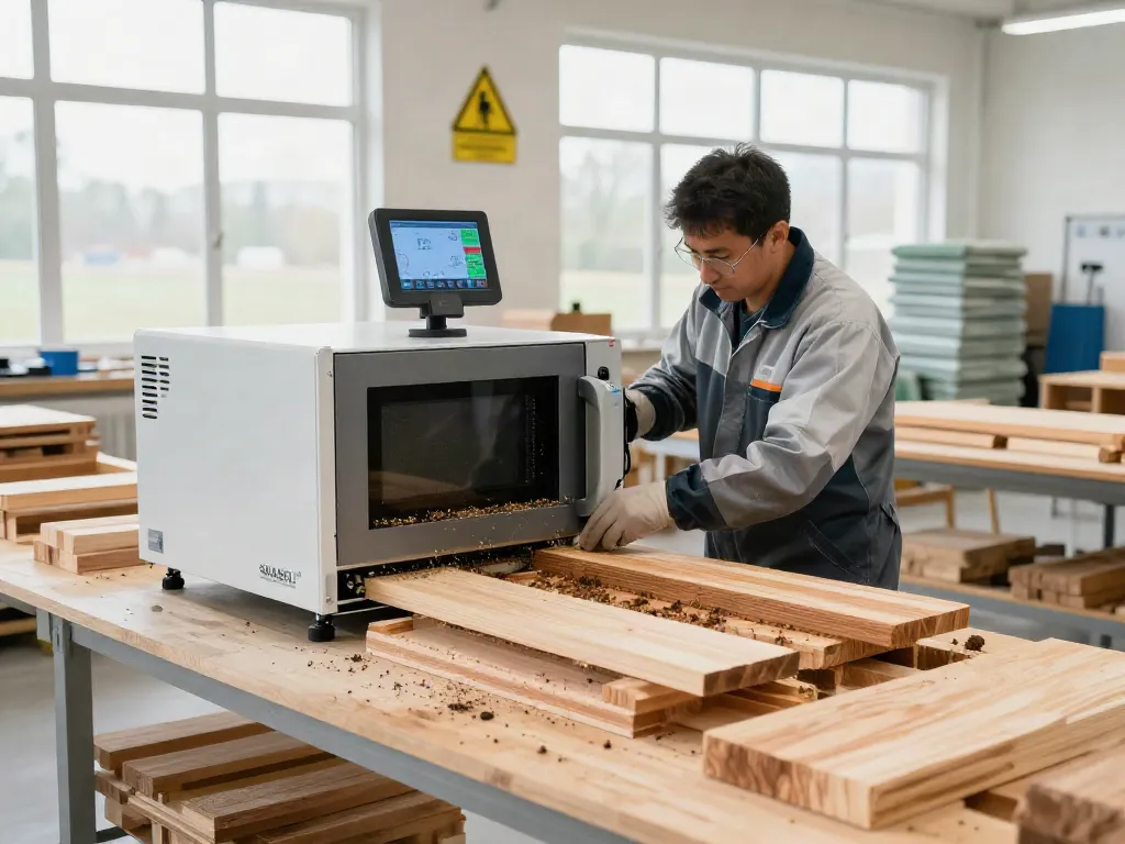 SHASHEL® microwave device in use for chemical-free wood insect elimination while showcasing eco-friendly wood treatment process.