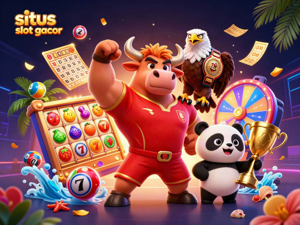 Engage with situs slot gacor in a vibrant slot-themed digital illustration featuring 3D characters.