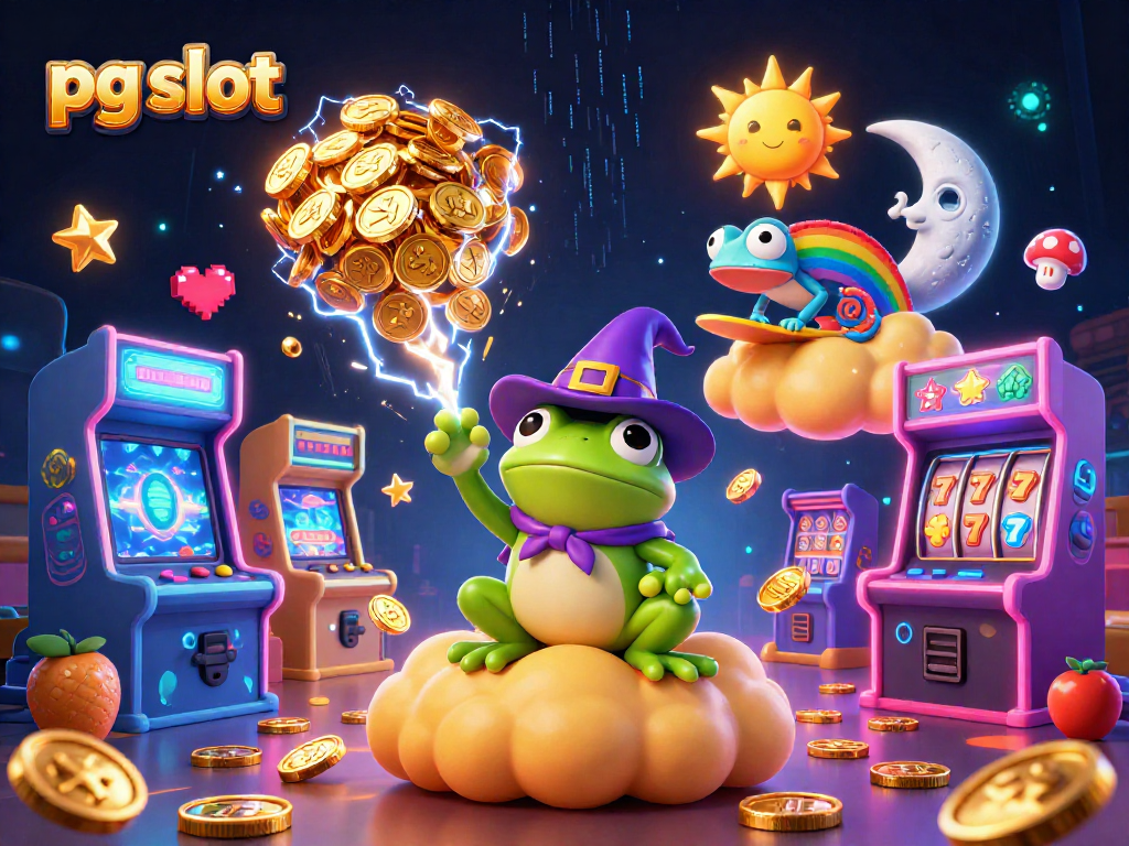 Spin the reels with pg slot featuring a wizard frog and chameleon in a casino fantasy.