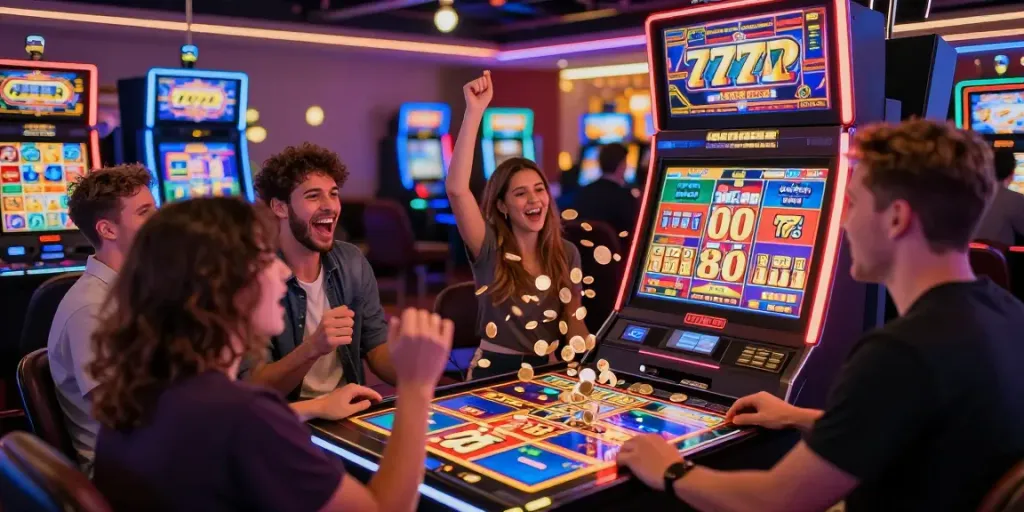 Pemain merayakan kemenangan di mesin slot777 dengan suasana kasino yang ceria.