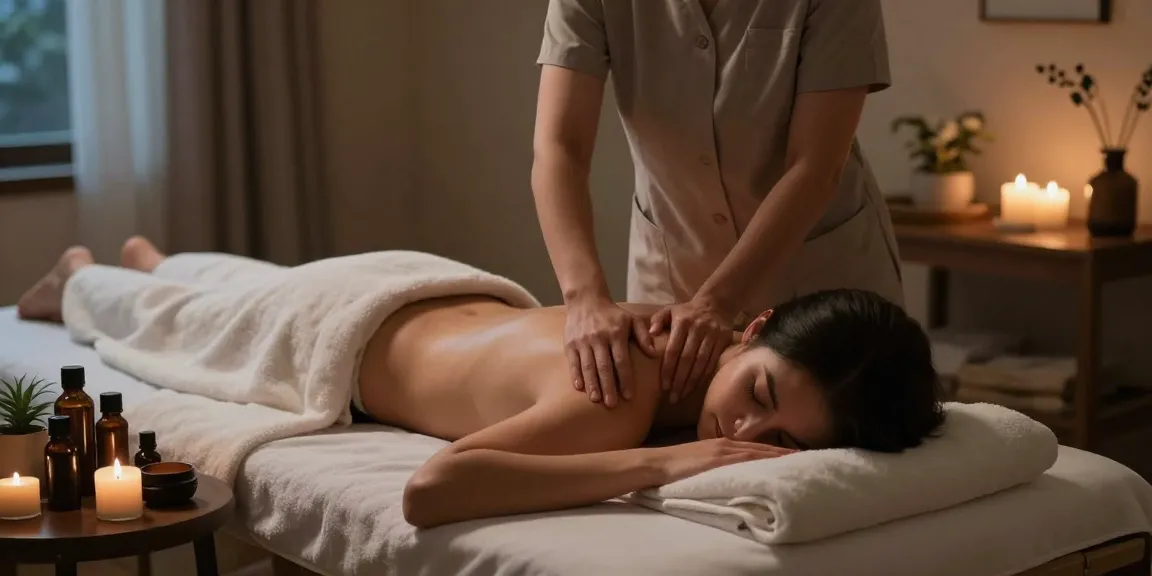 부천출장마사지 in a serene home setting with a therapist and client, creating a calming atmosphere.