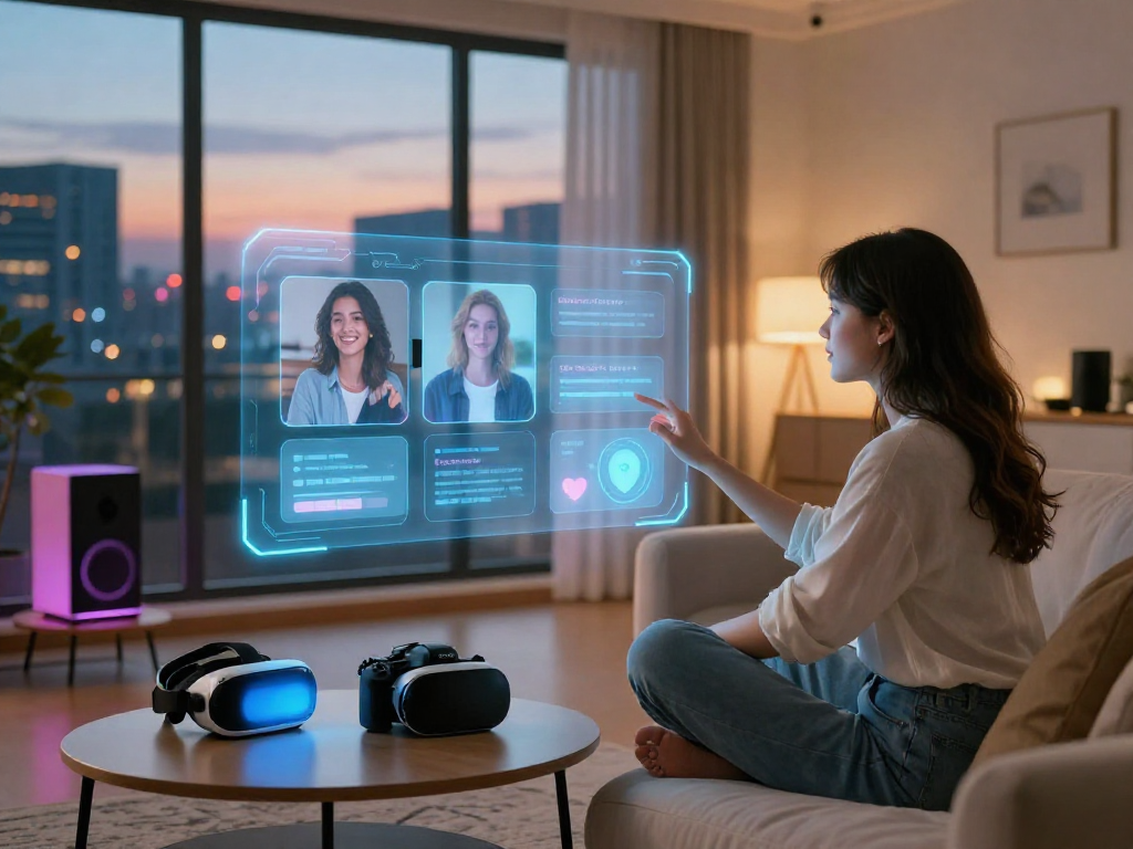 AI gf experience in a modern living room with holographic interface and smart devices