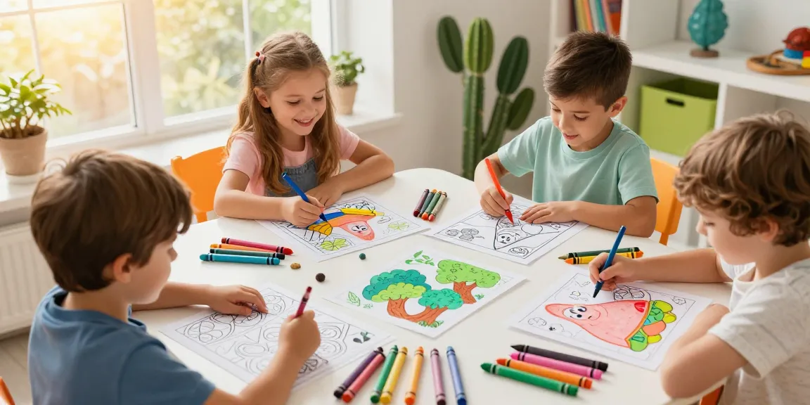 Children enjoying seasonal coloring pages of Patrick Star, with bright crayons and warm ambiance.