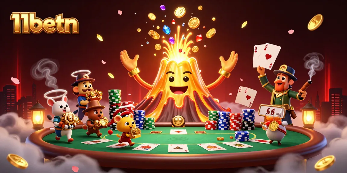 Experience thrilling wins at 11betn with a vibrant 3D casino scene featuring poker elements.