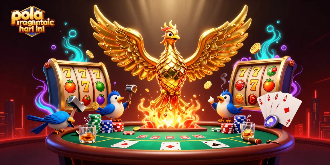 Engage with pola pragmatic hari ini featuring a dynamic scene of a molten phoenix, vibrant slot reels, and poker elements.