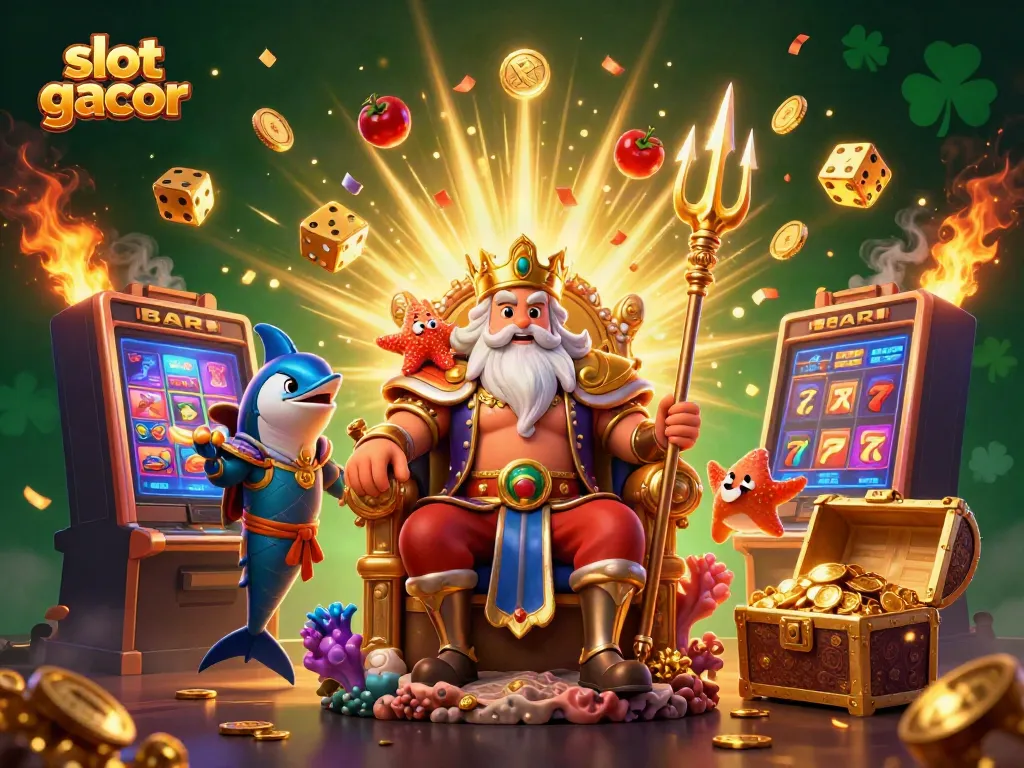 Experience the excitement of slot gacor with a vibrant scene of Neptune and jackpots.