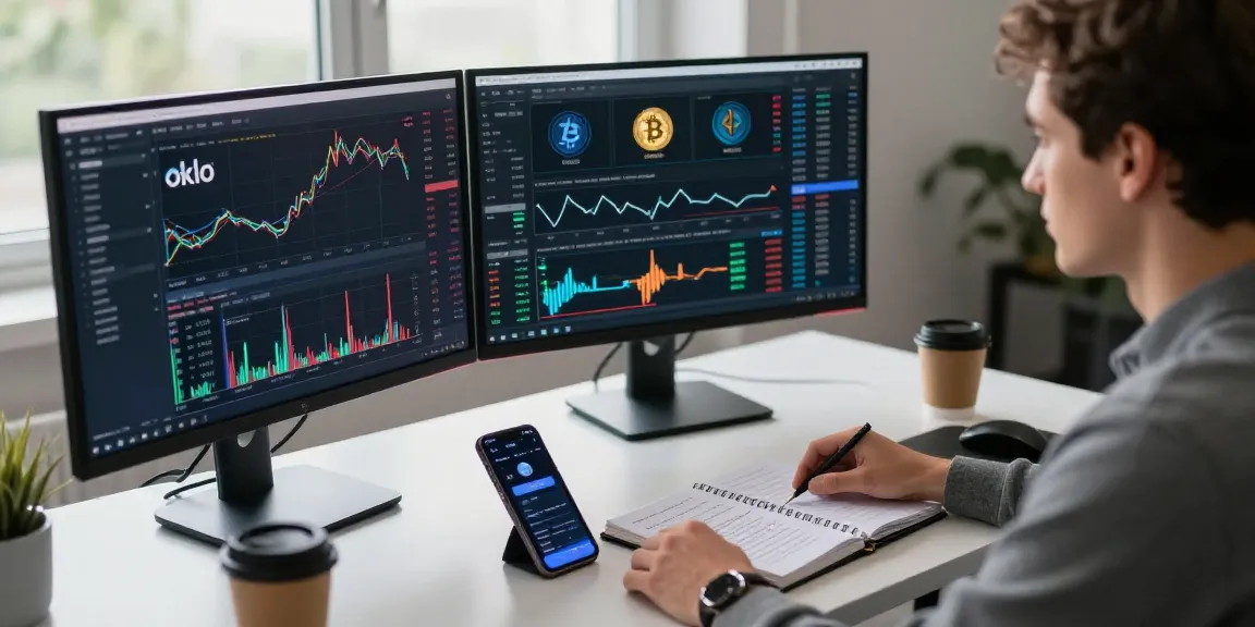 Oklo stock trading on multiple monitors in a professional cryptocurrency workspace with security elements.