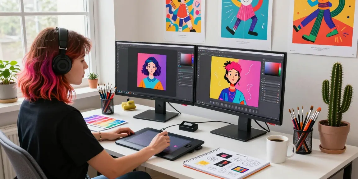 Artist utilizing the Nano Banana 2 AI image editor in a vibrant creative workspace, surrounded by colorful art supplies and cheerful decor.
