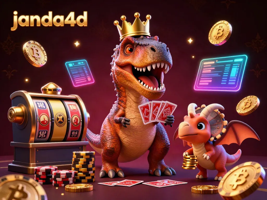 Janda4d menampilkan T-Rex, pterodactyl, dan triceratops bermain kartu dan menumpuk chip emas dalam suasana kasino yang meriah.