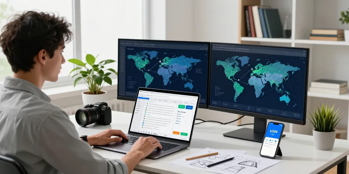 Gestión de proyectos eSIM Global en un moderno espacio de trabajo, con pantallas de conectividad.