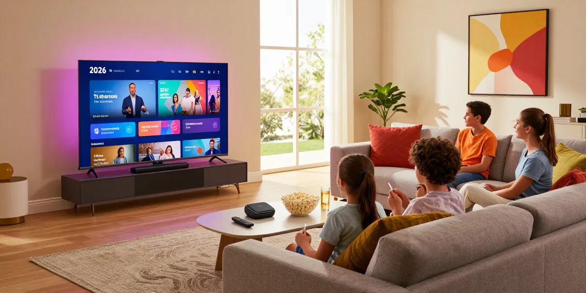 Family enjoying a smart TV 2026 in a modern living room with vibrant decor and cozy seating.