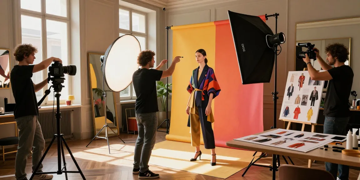 Servizio fotografico professionale in uno studio fotografico Milano, modello in outfit alla moda, attrezzatura di illuminazione e ambiente creativo.