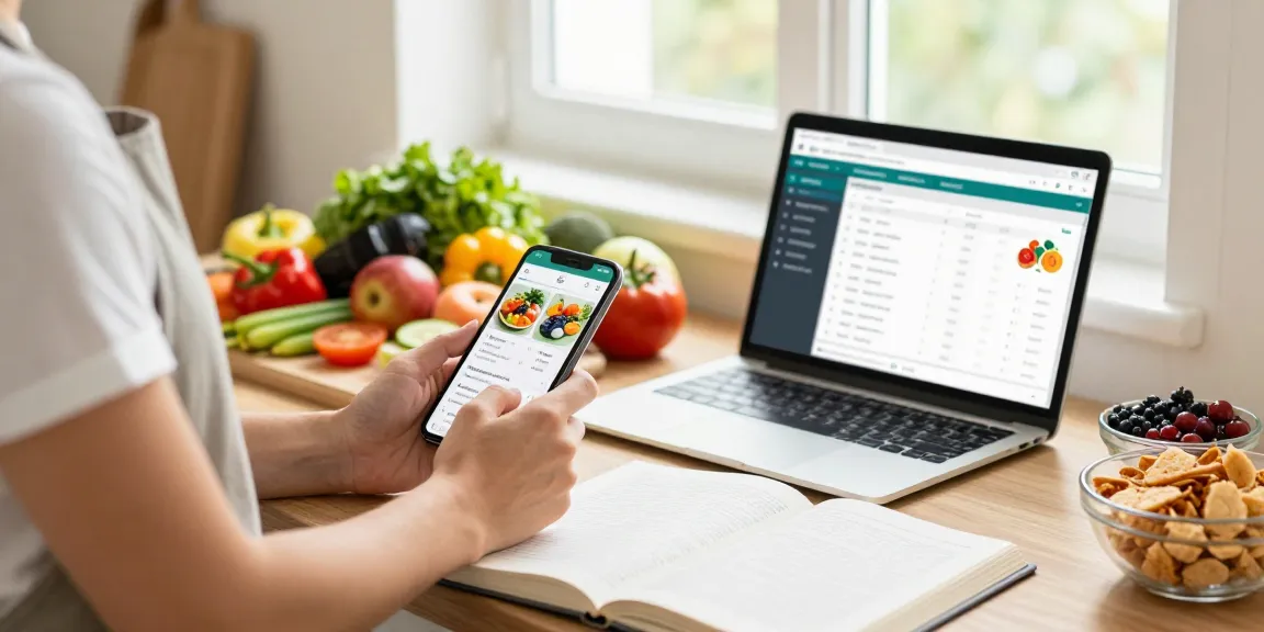 Using the best food tracking apps to log healthy meals in a bright kitchen.