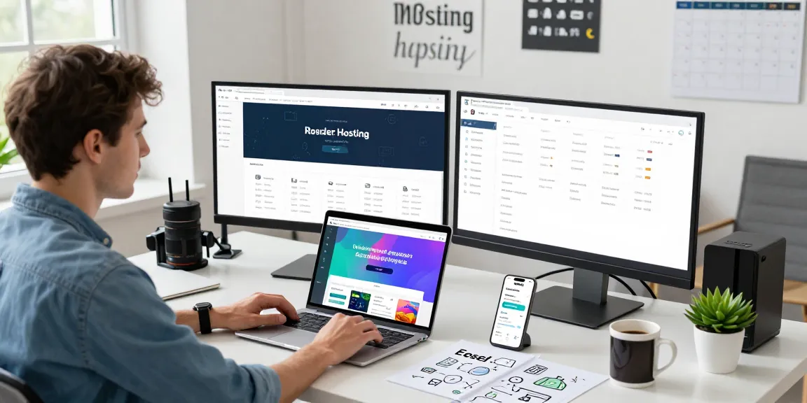 Ambiente de oficina moderna para reseller hosting ilimitado, con emprendedor frente a monitores y laptop.