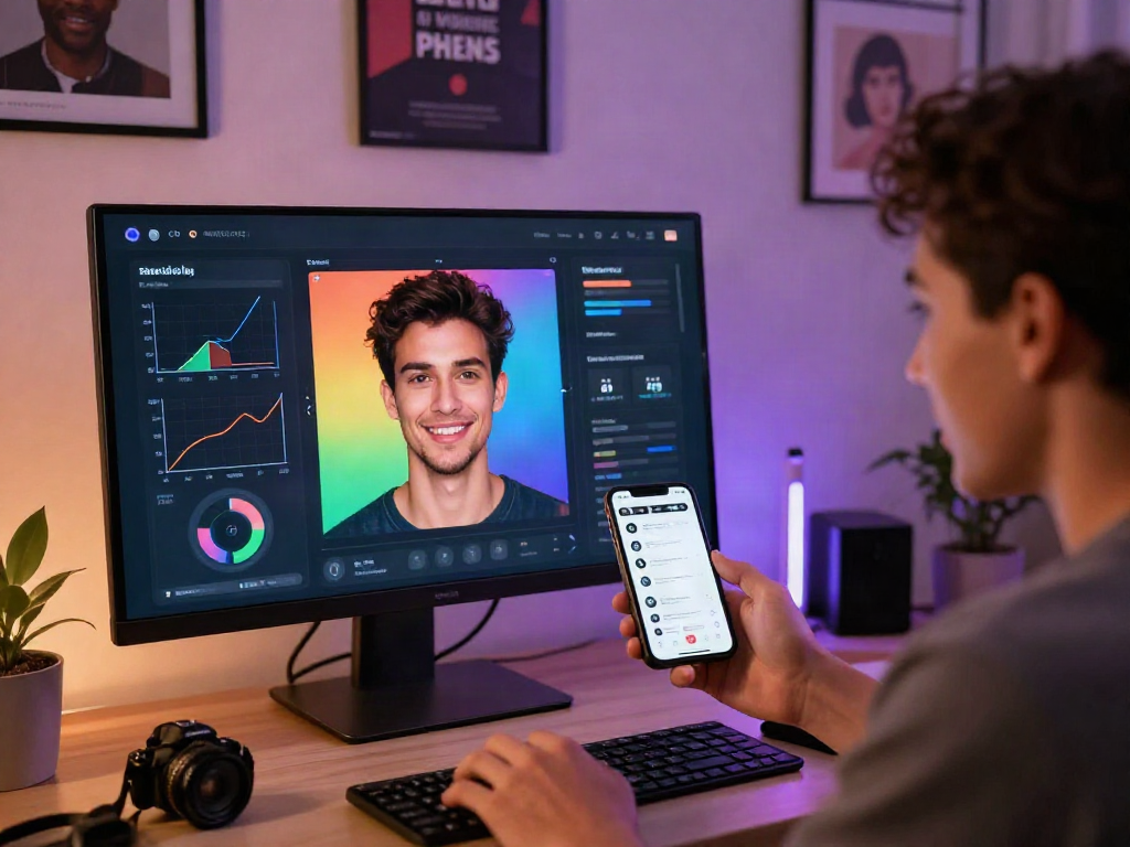 Engaging attractiveness test scene showing user uploading selfie for facial analysis.