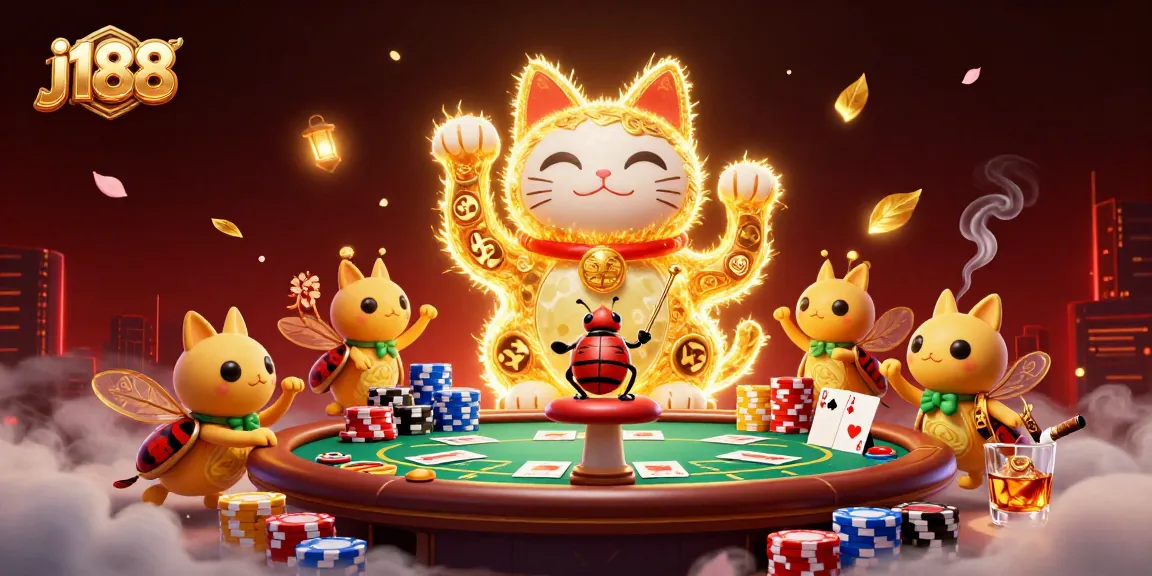 Experience j188 with a vibrant lucky cat formed by golden fireflies amidst dynamic poker elements.