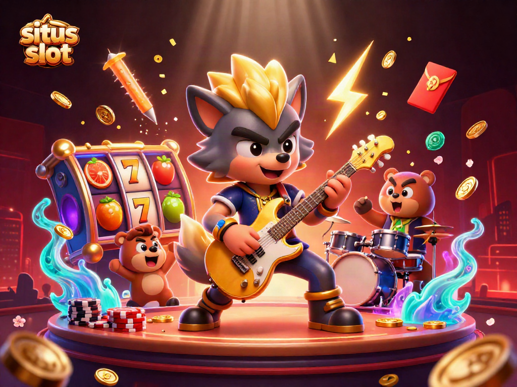 Experience exhilarating situs slot action with dynamic 3D cartoon characters in a vibrant casino scene.