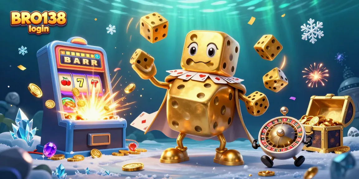 Experience the thrill of BRO138 login with a vibrant, dynamic casino scene featuring golden dice and slot machines.