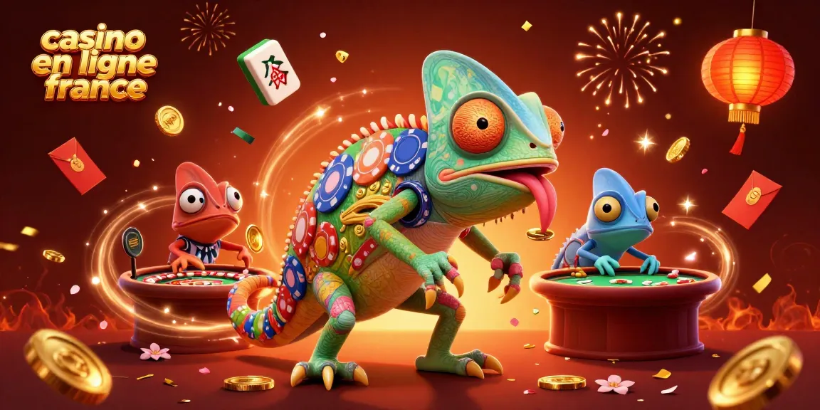 Jouez à des jeux captivants sur un casino en ligne France avec un caméléon chanceux et des éléments festifs.