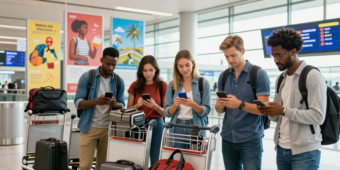 Travelers comparing eSIM plans and searching for esim voucher code at airport.