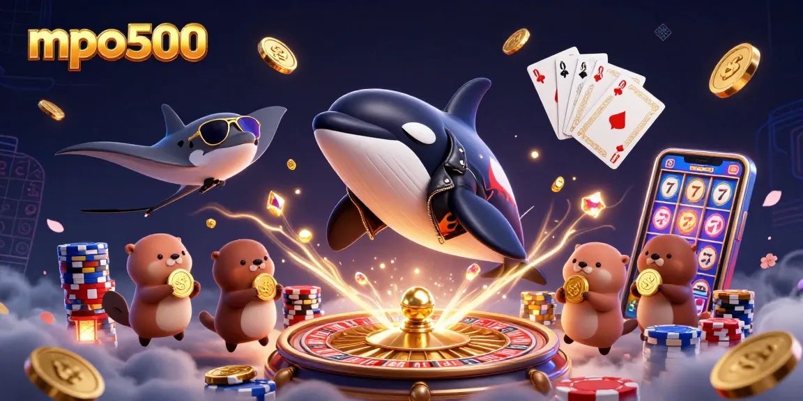 View mpo500's vibrant casino scene featuring an orca and otters amidst rich gaming elements.