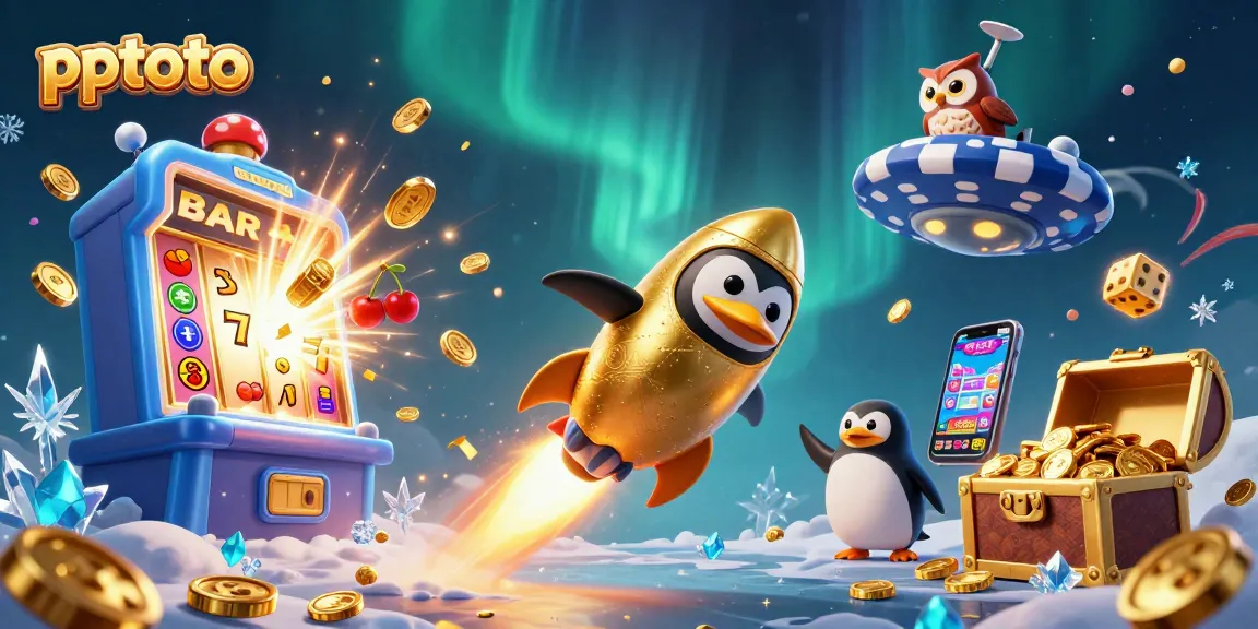 Experience excitement with pptoto's casino magic, featuring a golden penguin and jackpots bursting with coins.