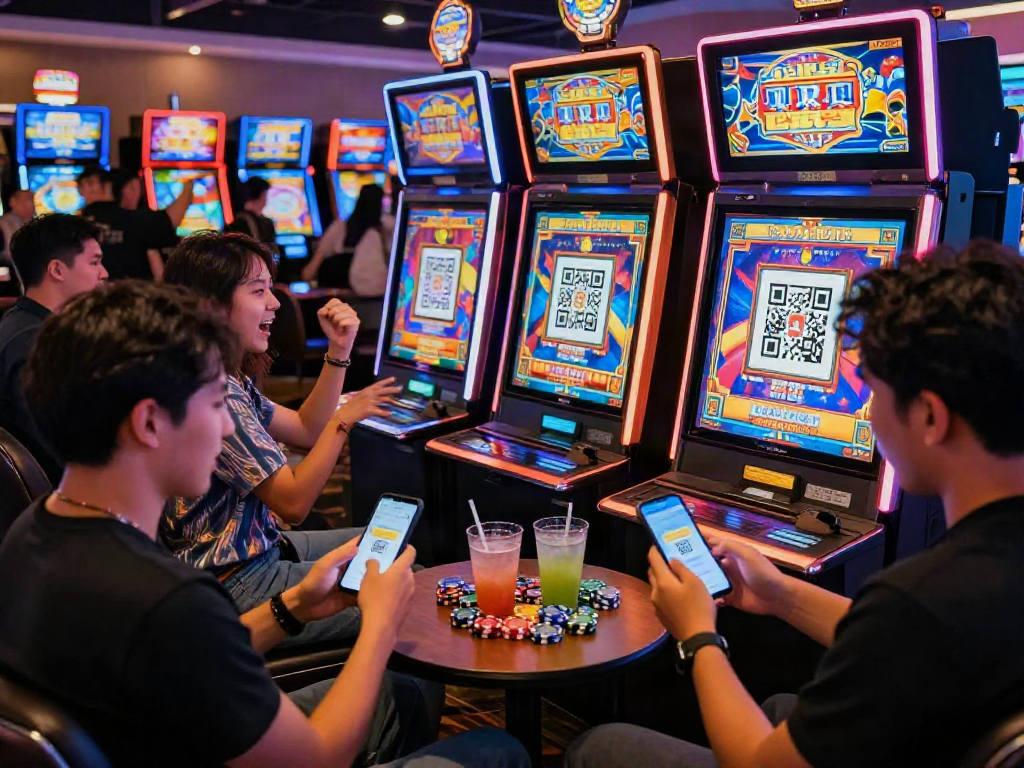 Players making a slot deposit QRIS at an online casino, celebrating wins, modern tech gameplay.