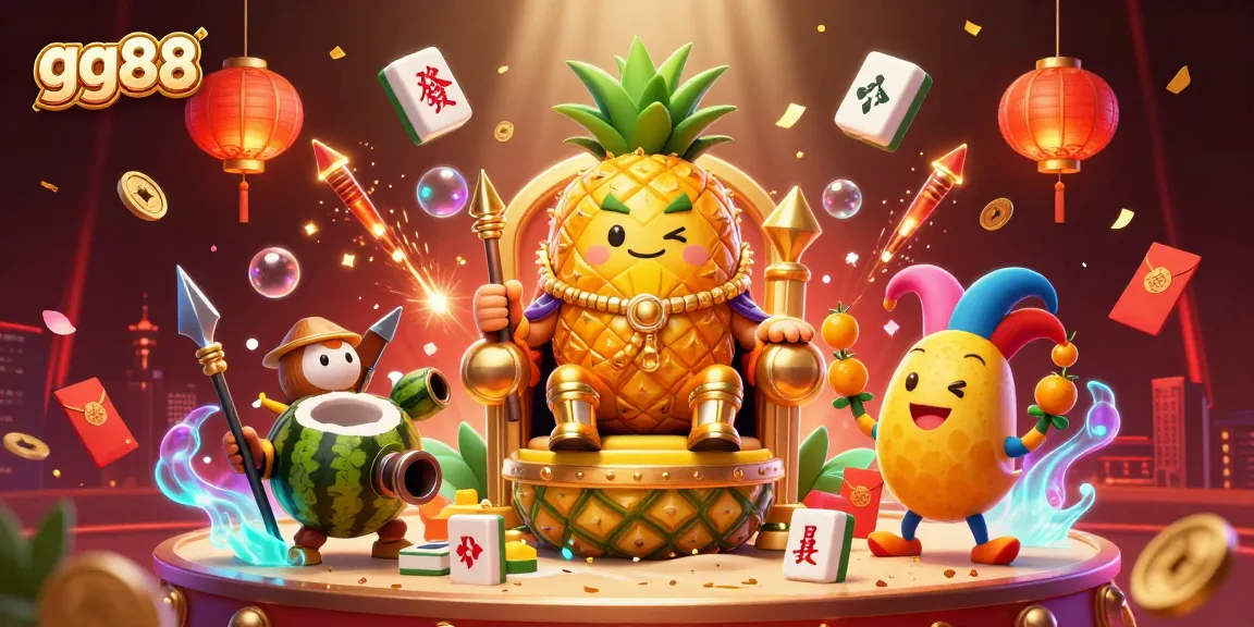 Experience dynamic winning with gg88 in a vibrant beach casino illustration featuring the pineapple king.
