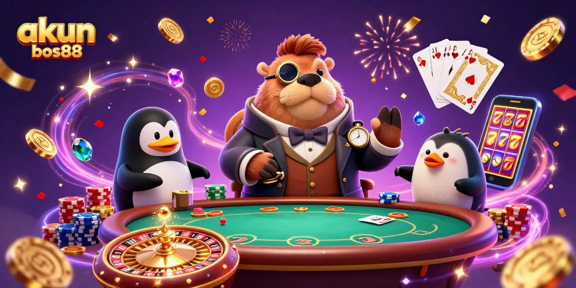 A dynamic scene with akun bos88 featuring a jolly walrus at a poker table, surrounded by golden coins and playing cards.