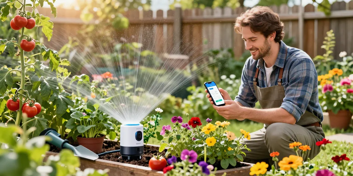 Gardener adjusting the RainPoint automatic watering system in a flourishing garden