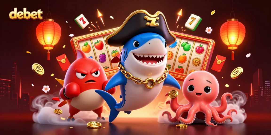 Experience the thrill of debet gaming with a pirate shark and friends amidst vibrant slot reels.