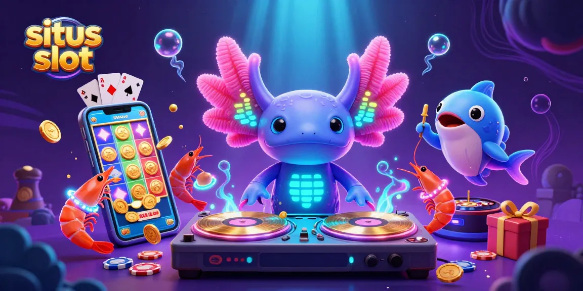 Menggali jackpot situs slot dengan ilustrasi 3D penuh warna dari DJ axolotl dan karakter unik lainnya.