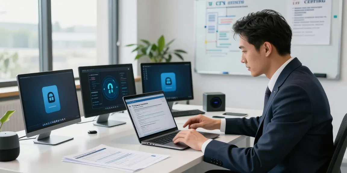 Business consultant reviewing cyber essentials questionnaire in modern office for effective cybersecurity.