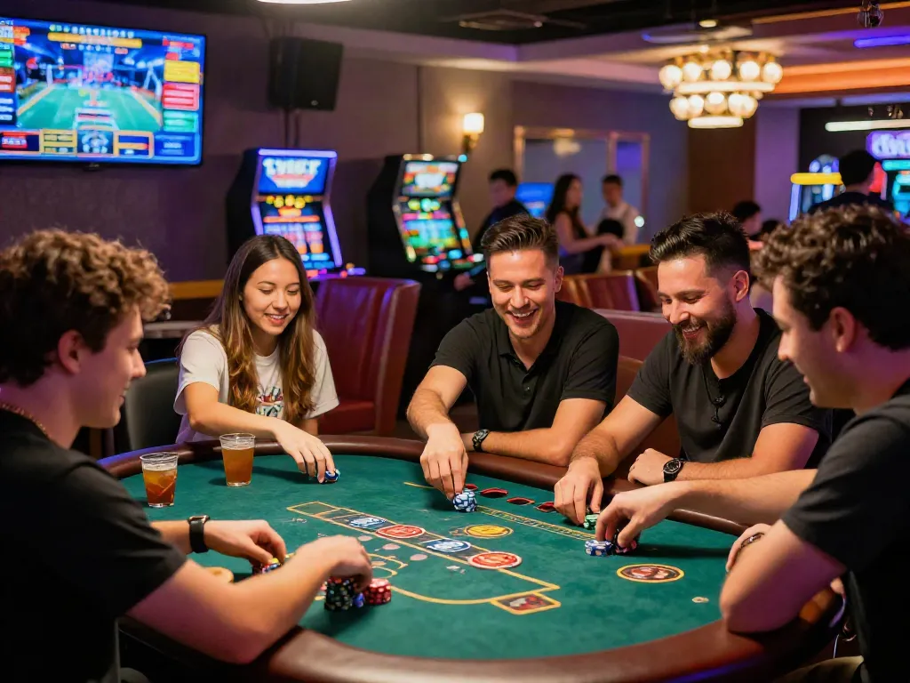 Friends enjoying rokok88 gaming in a lively casino lounge.