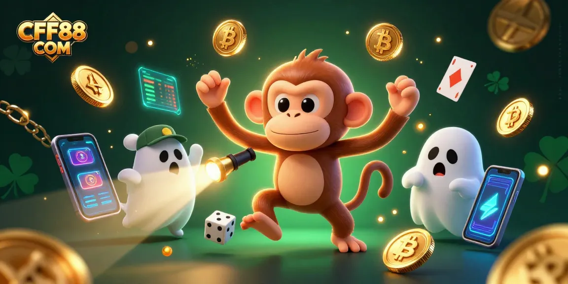 CFF88 COM tracks a playful ghost with golden casino objects juggling in a haunted scene.
