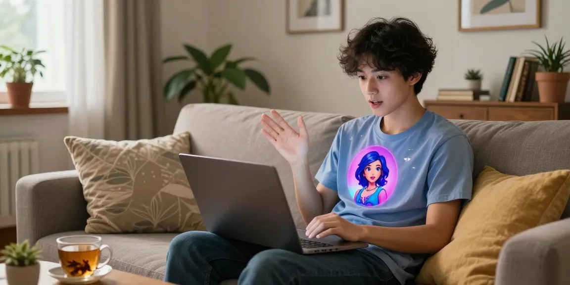 Interactive NSFW AI chat scene with a user and engaging digital avatar in a cozy home setting.