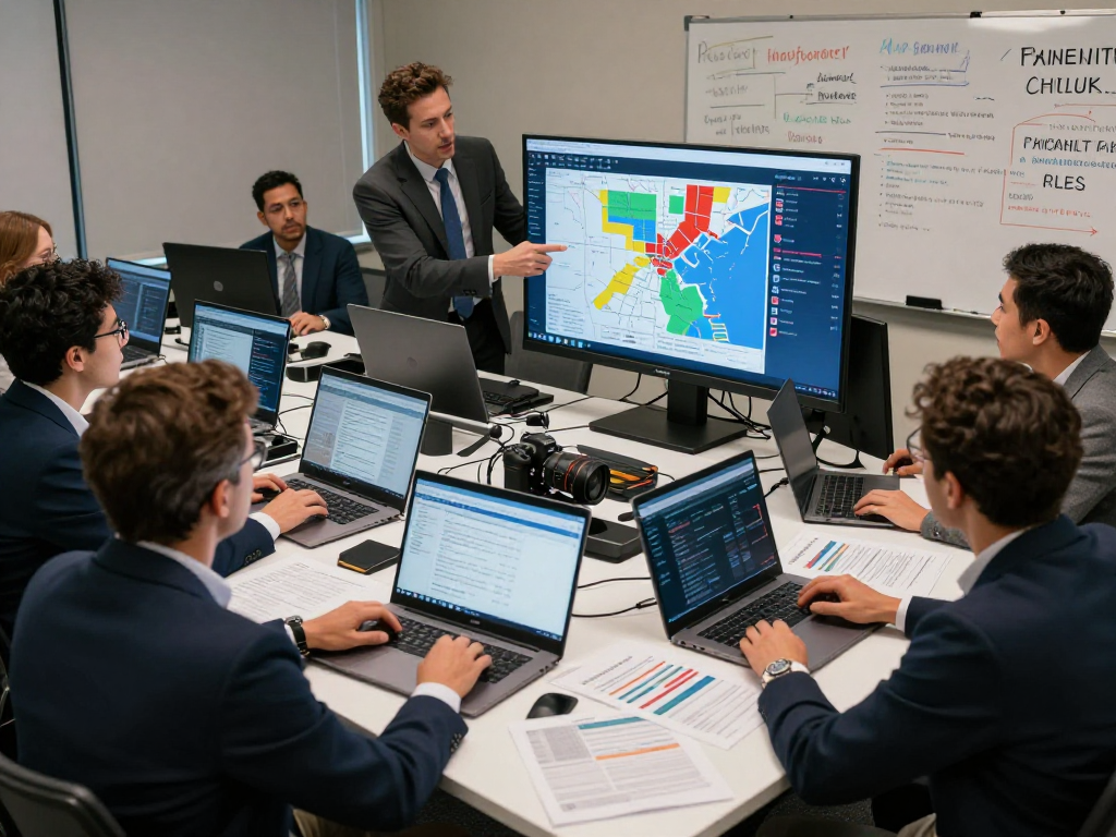 Strategists analyzing data in a campaign office, focusing on how to suppress negative search results for voter engagement.