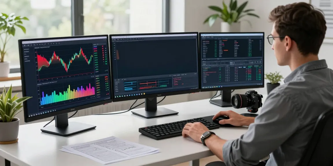Professional trader using TradingView for market analysis in a modern workspace.