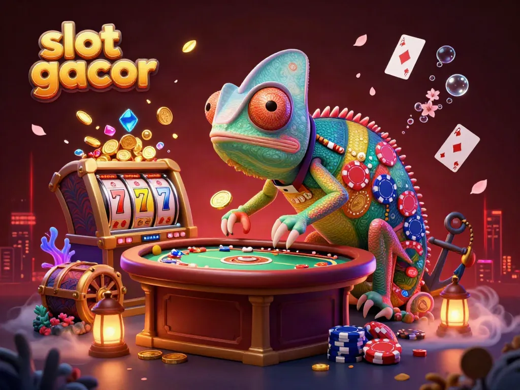 Engage in thrilling slot gacor gameplay with colorful chameleon and dynamic casino elements.