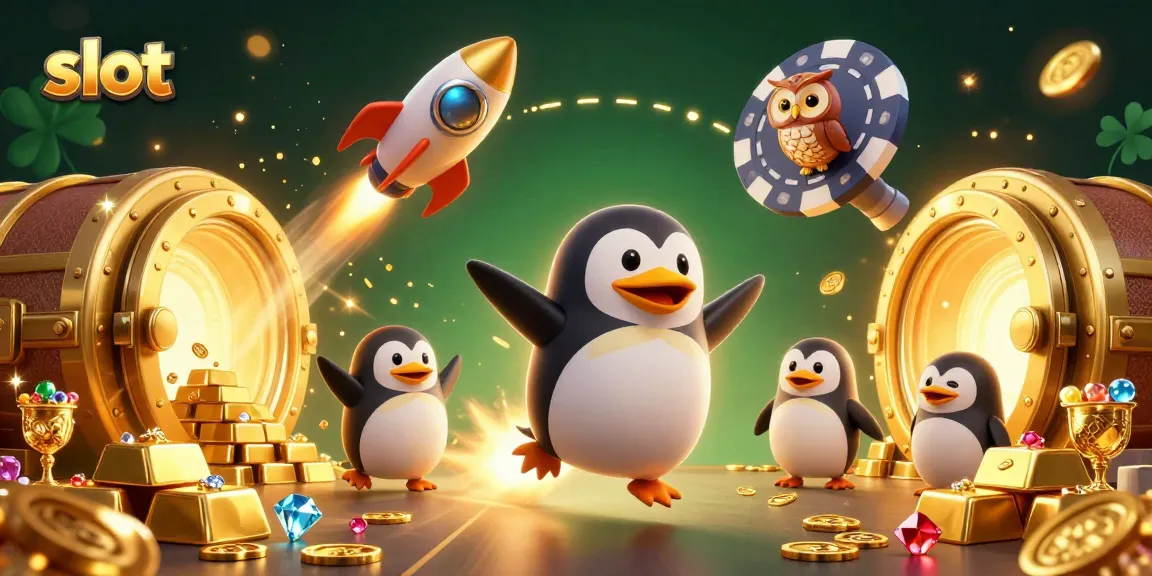 Menangkan slot dengan penguin emas yang meluncur di luar angkasa, dikelilingi harta karun berkilau.