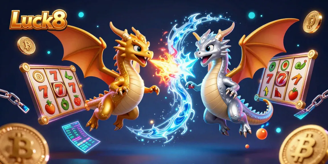 Experience Luck8 rewards through vibrant dragon illustration with slots and cryptocurrency elements.