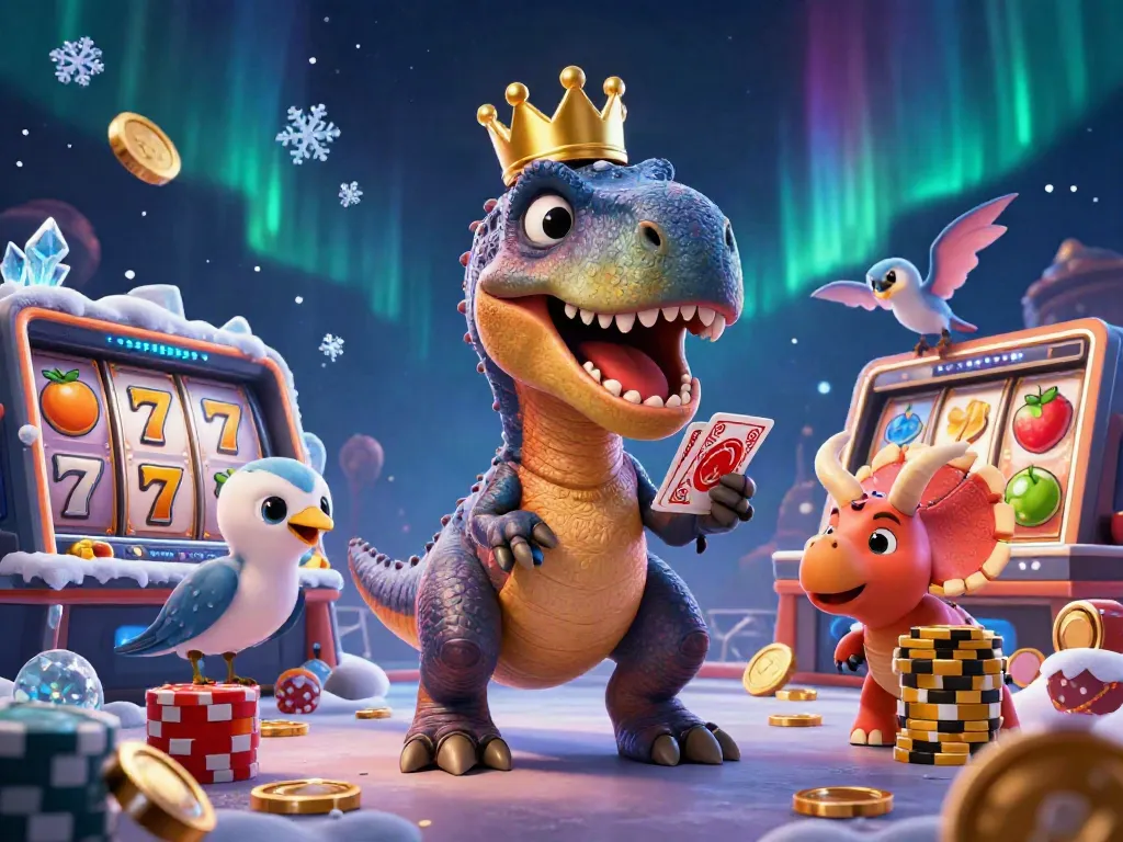 Engage in thrilling online casinos with a cartoon T-Rex and friends playing cards amidst vibrant slot reels and gold coins.
