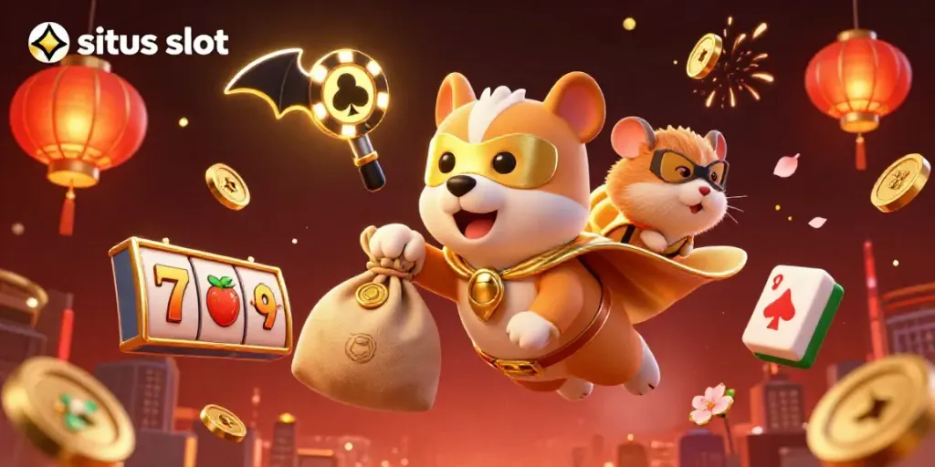Engaging superhero dog and sidekick hamster promoting situs slot with dynamic slot reel elements.