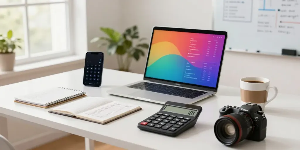 Calculator Online featured in a modern workspace with digital finance tools and inviting atmosphere.