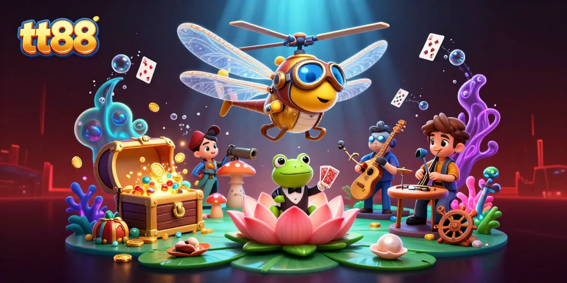 Experience thrilling wins at tt88 casino with a lively dragonfly pilot, frog croupier, and jazz musicians!
