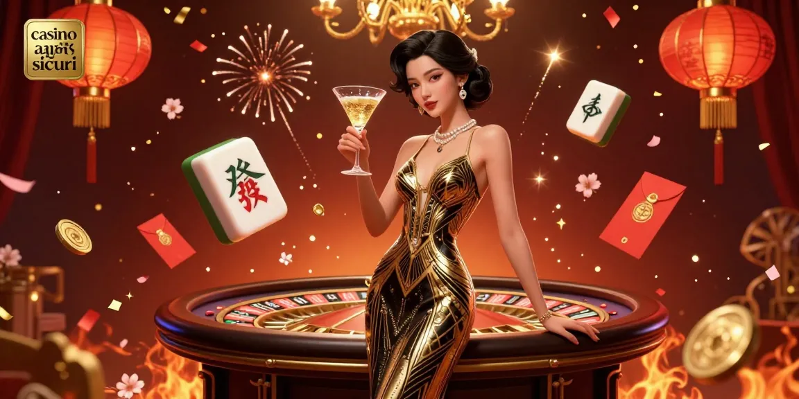 Scena coinvolgente di una donna asiatica glamour tra fuochi d'artificio e coriandoli, rappresentando casinò non AAMS sicuri con elementi vivaci.