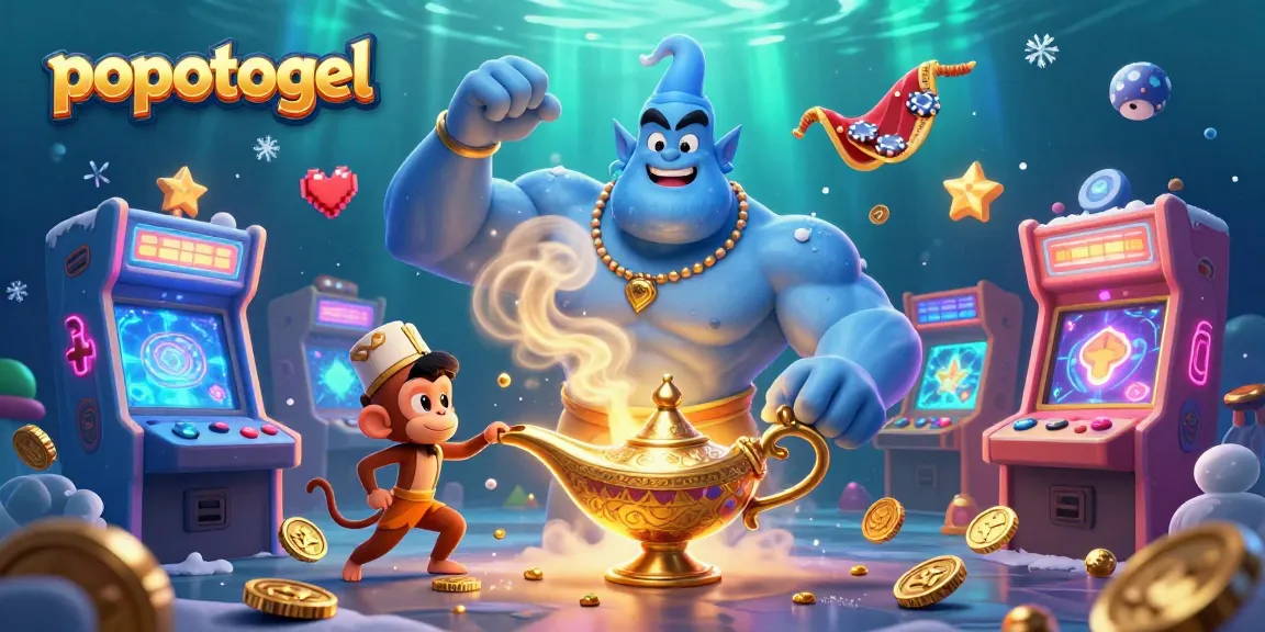 Experience the excitement of popotogel with a vibrant 3D illustration featuring a genie, monkey, and poker chips amid dynamic gaming elements.